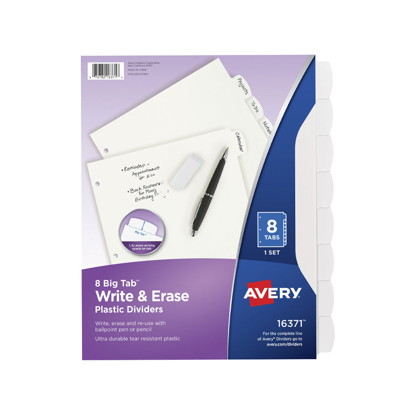 DIVISIOIN AVERY 16371 BIG TAB WRITE & ERASER DURABLE WHITE PLASTIC 8 TABS
