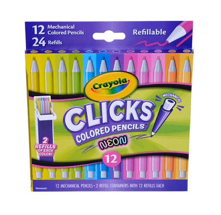 CRAYOLA 68-7103 CLICKS NEON COLORED PENCILS (12 +24 REFILLS)