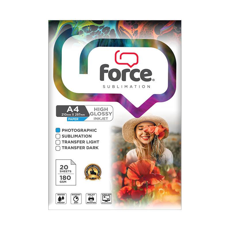 Papel Fotográfico High Glossy Inkjet (A4) (210X297MM) (180G) (P/20H),Force Sublimation