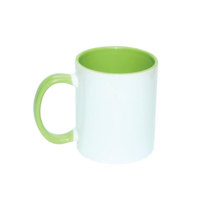 Taza cerámica de 11 oz grado a (blanco / borde e interior verde claro) –