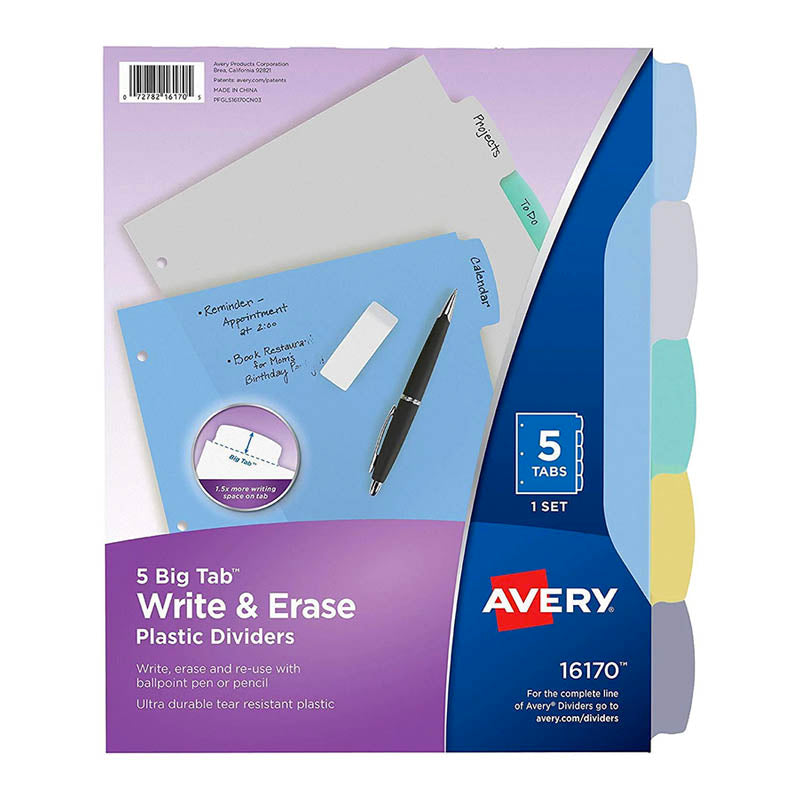 División de portafolio avery write & erase plastic dividers (5 tabs) colores