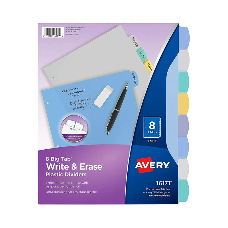 División de portafolio avery write & erase plastic dividers (8 tabs) colores