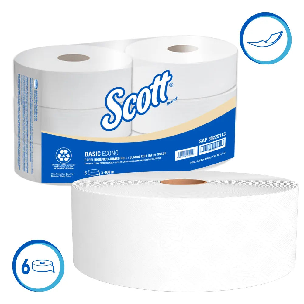 KCP SAP30225113 PAPEL HIGIENICO SCOTT JUMBO ROLL BASIC ECONO (1-PLY) (6X1PX400M)