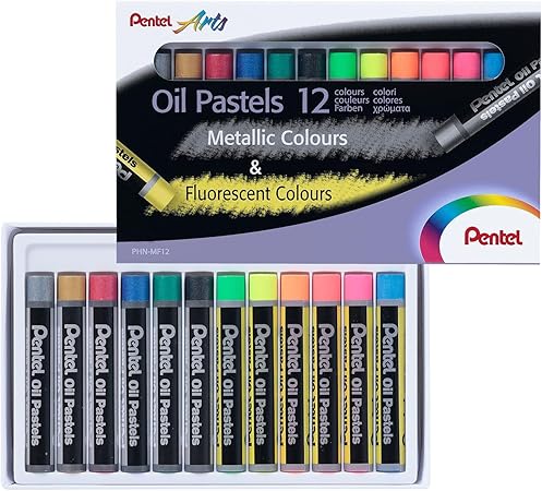 CRAYONES PENTEL OLEO-PASTEL FLUORESCENTES & METALICOS  (12 COLORES)