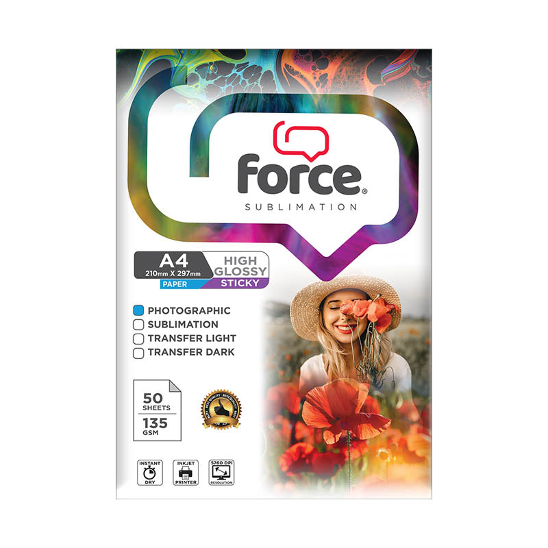 Papel Fotográfico High Glossy Sticky (A4) (210X297MM) (135G) (P/50H),Force Sublimation