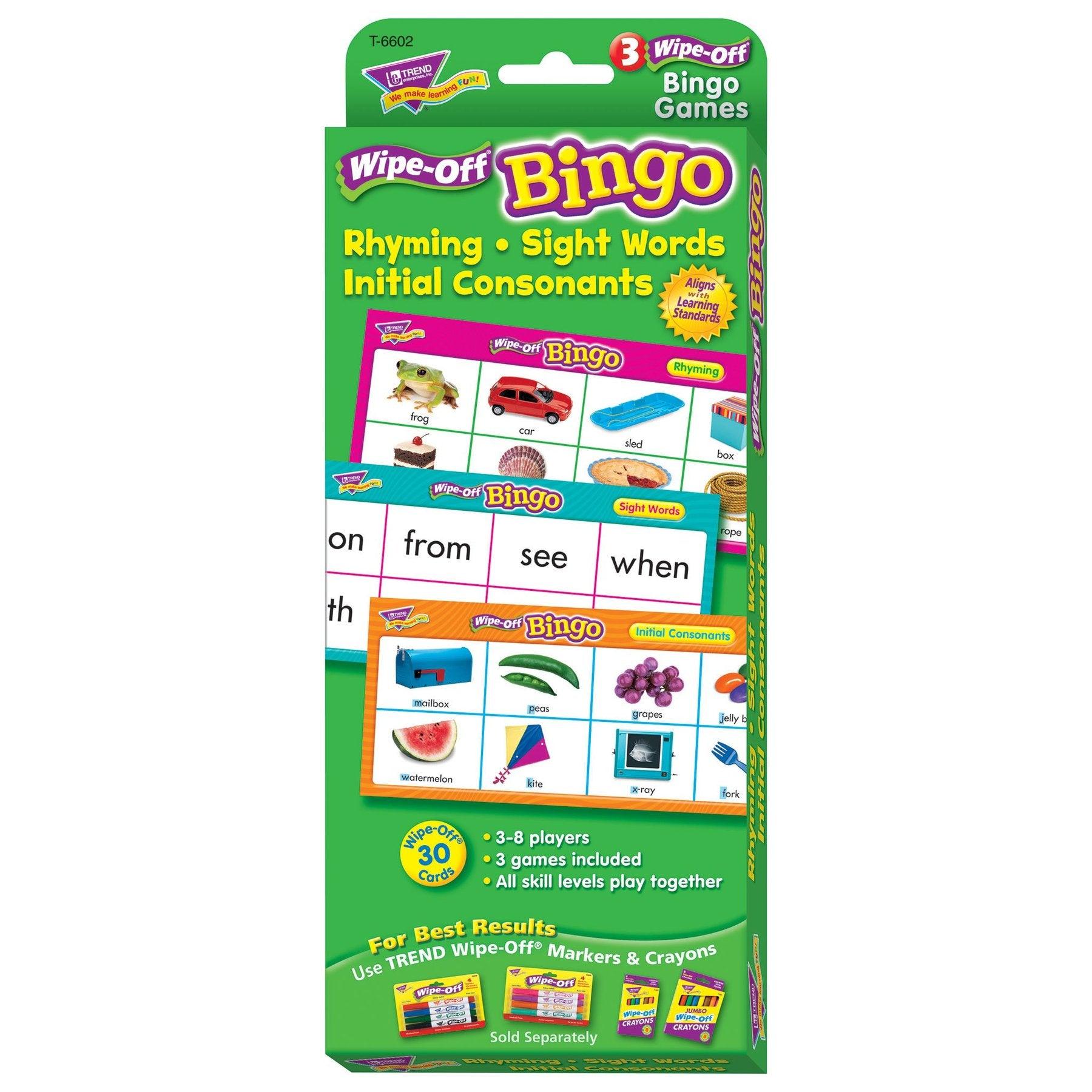 Rhyming, Sight Words, Initial Consonants Wipe-Off Bingo